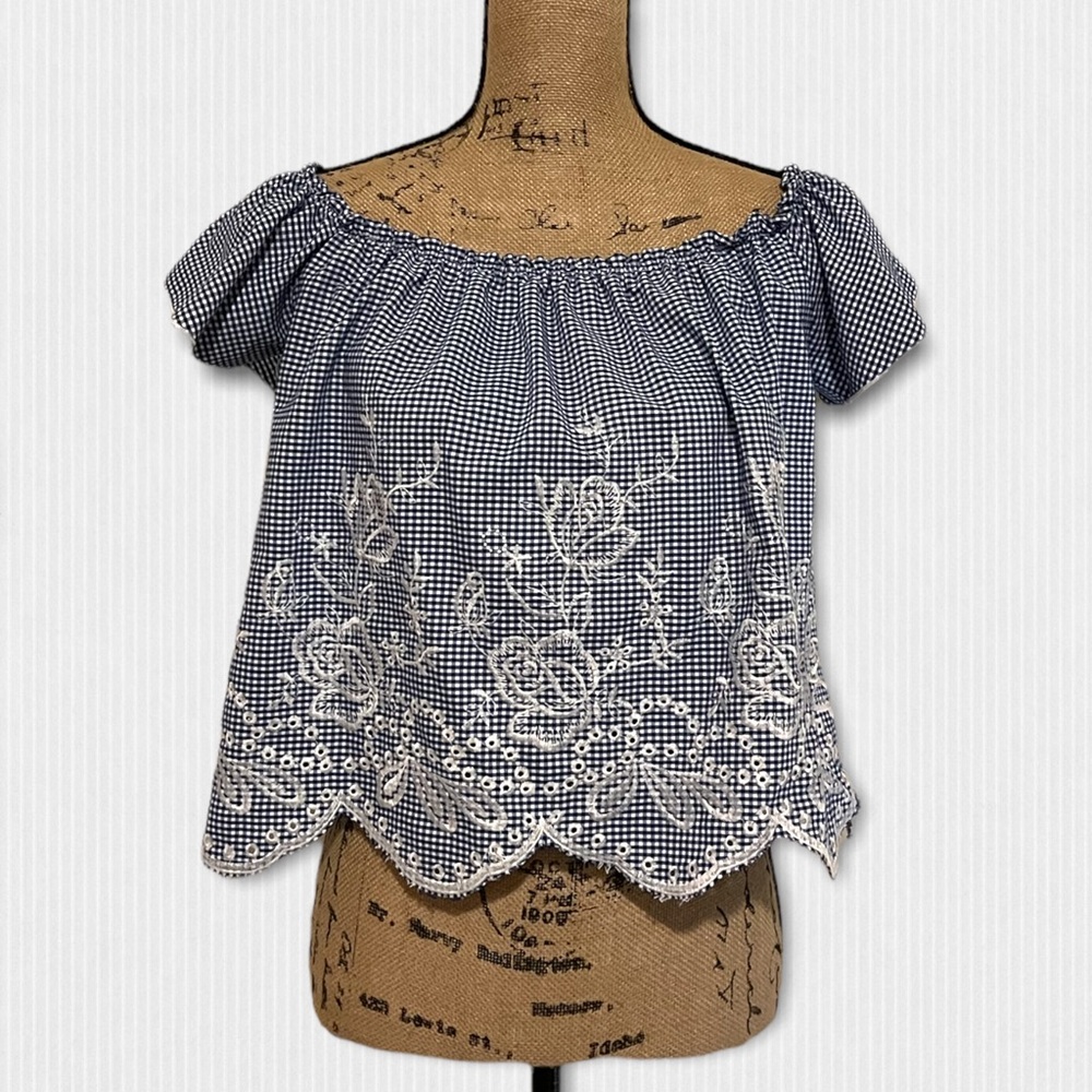 Papaya Blue & White Floral Plaid Top